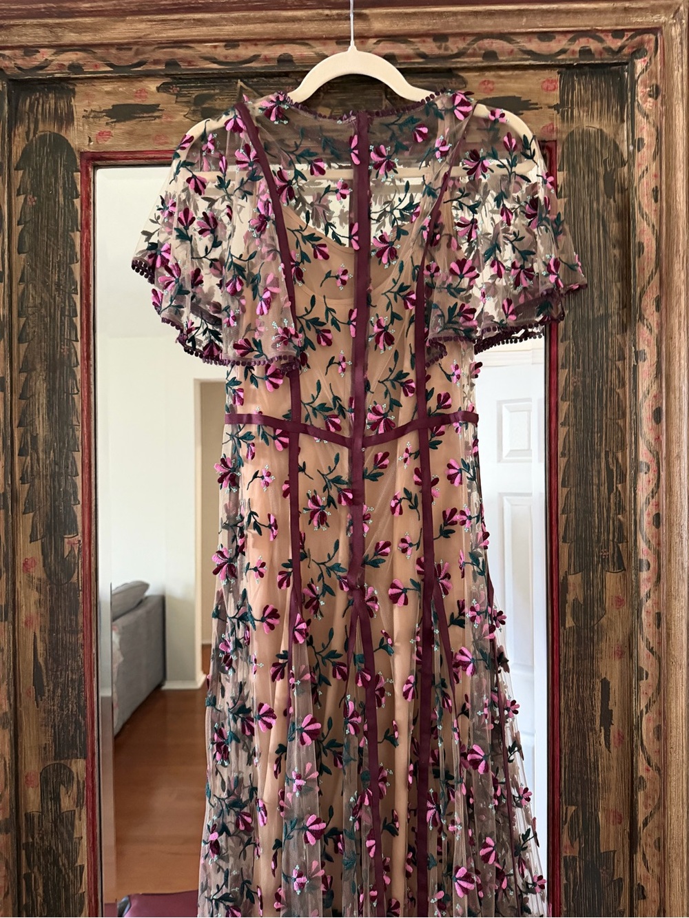 Lela Rose Nude Mesh Midi Dress with Purple Floral Embroidery - Picture 3 of 6